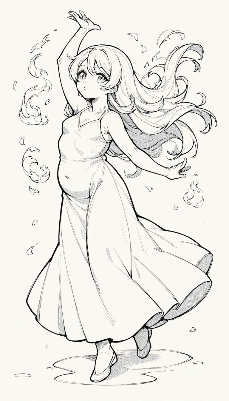 black and white, line art, no shading, full body, live2D character, long hair, chubby, cute, dancing, small breasts, long dress, fire, coloring book style, sketch,ink drawing, outlines