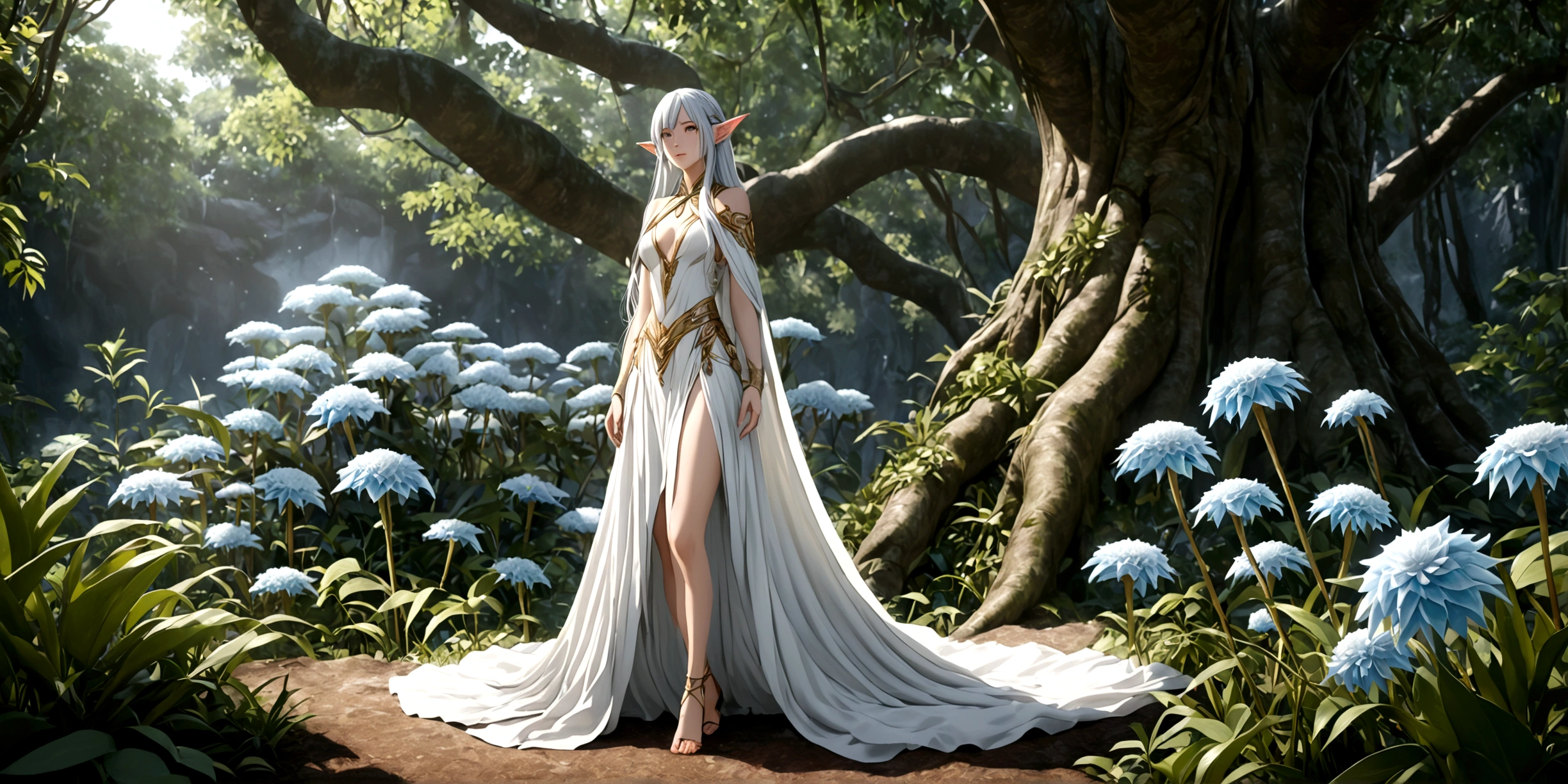 ((Masterpiece)), ((Best Quality)), 8K, HD, Super Detail, (Woman), (White dress studded with yellow gold rims), (white long hair shawl scattered), (Expression beautiful eyes), (standing under a tree), (elf ears), (elf todoroki shoto), (beautiful jungle), (ice flowers)(Full Body Display 1.4) The artwork is a masterpiece, with the best quality and super detail, captured in 8K HD. Photographic realistic, realistic, very detailed illustrations realistic, octane rendering