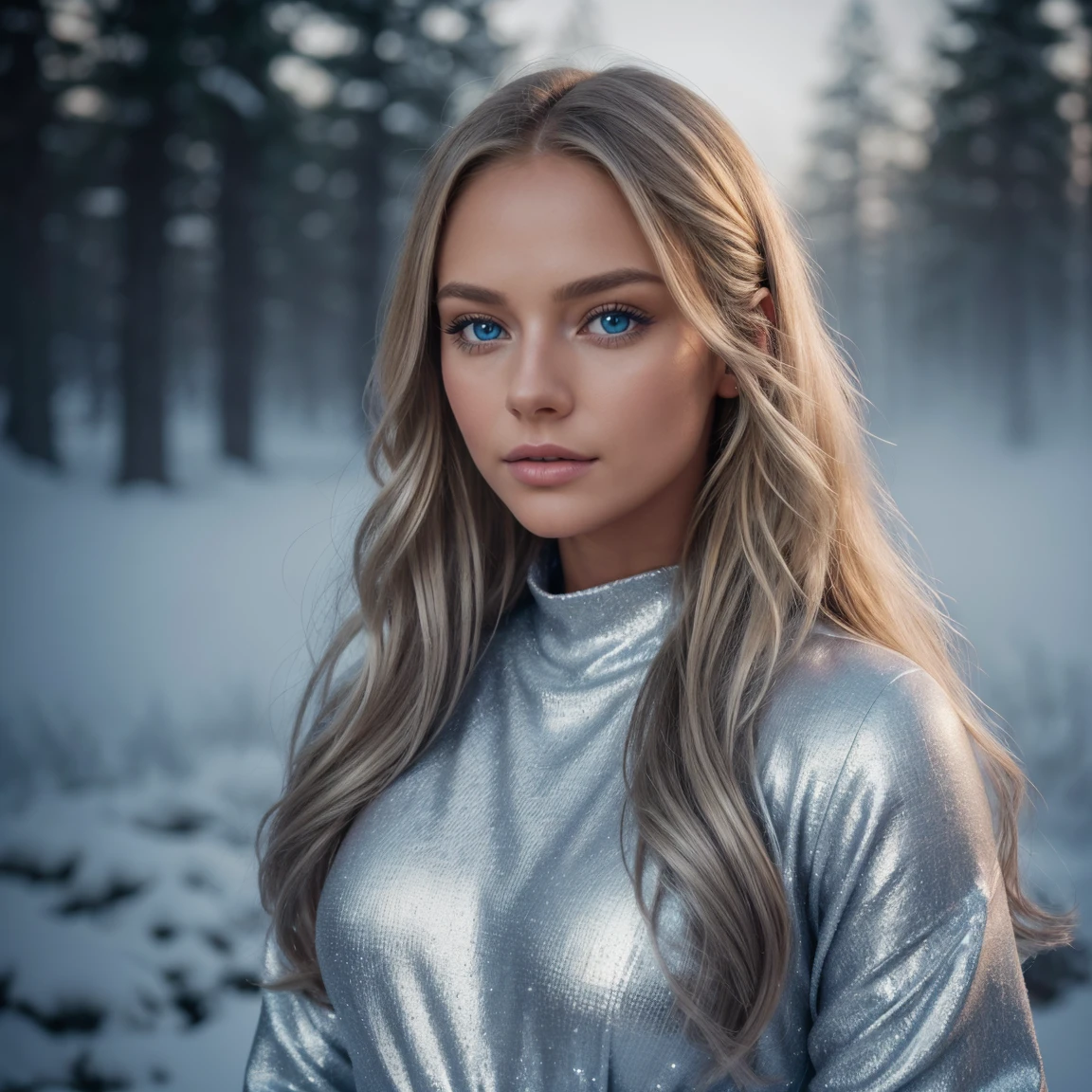 professional portrait photograph of a gorgeous Norwegian girl in winter clothing with long wavy blonde hair,blue eye,sultry flirty look, gorgeous symmetrical face, cute natural makeup,wearing a sparkling silver gown with multiple cutouts and a high slit,The background features the logo of the MTV Video Music Awards,ultra realistic, concept art, elegant, highly detailed, intricate, sharp focus, depth of field, f/1. 8, 85mm, medium shot, mid shot, (((professionally color graded))), bright soft diffused light, (volumetric fog), trending on instagram, hdr 4k, 8k,
