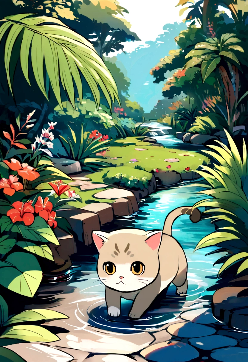Scottish Fold Cat, Adorable, Tropical Garden.stream., I can see the house in the distance.