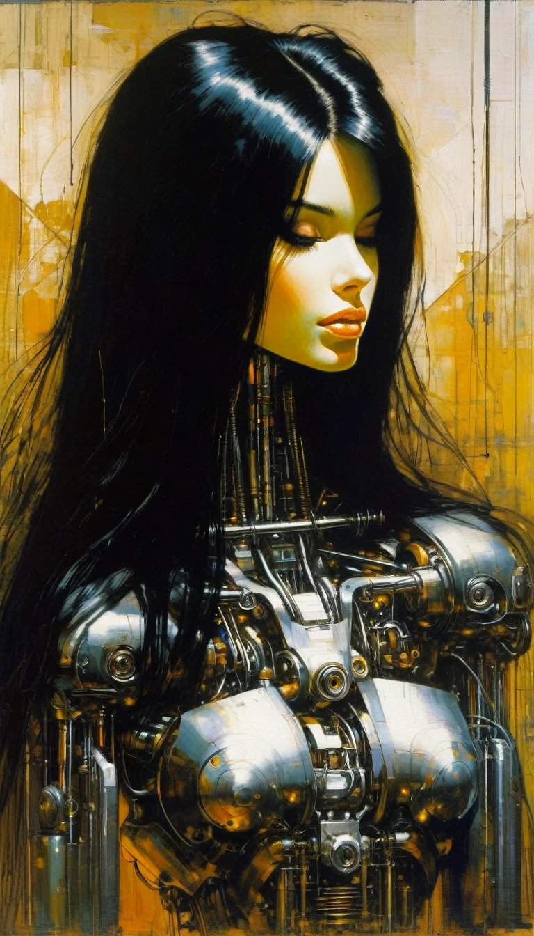 mechanical_body, mechanical_face, full_body, long hair, black hair, good anatomy, best quality, masterpiece, beautiful and cute face (art inspired by Bill Sienkiewicz). oil painting)
