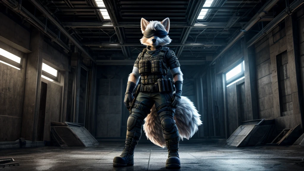 Skye from Paw Patrol, as a white fox, anthro, mature adult, fluffy silky short hair, blindfold, combat techwear, standing, serious, detailed, solo, beautiful, high quality, 4K, HDR