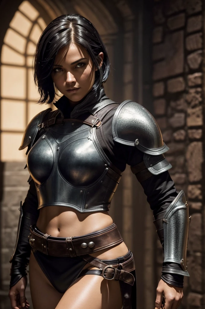 A beautiful female rogue, short black hair, Dungeons and Dragons aesthetic, (((skimpy sexy leather armour))), slim and athletic, high detail face, high detail skin, 8, HDR, high resolution, photo-realistic, cinematic lighting, depth of field, bokeh, rim lighting, backlit, cool colours, night