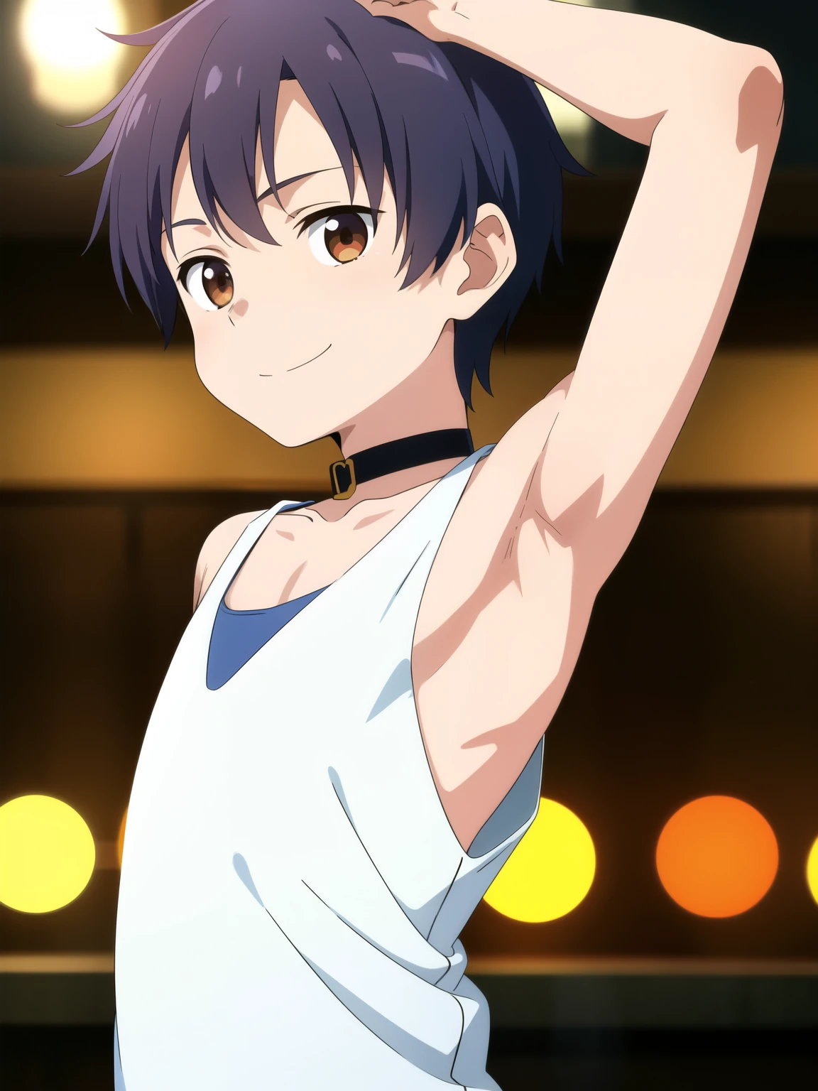 Highres, Masterpiece, Best quality at best,Best Quality,hight quality, hight detailed, Anime style, 1boy, Boy, Little boy, Shota, Solo person, Tank top, Choker, soccer, day, Slim body, smile, Body, blurry background, Seen from the front, The armpits of a 12 year old boy, Adorable little armpits, (Showing armpit:1.3), (very young boy), (very small and short body), Age 12,Uhd, bokeh