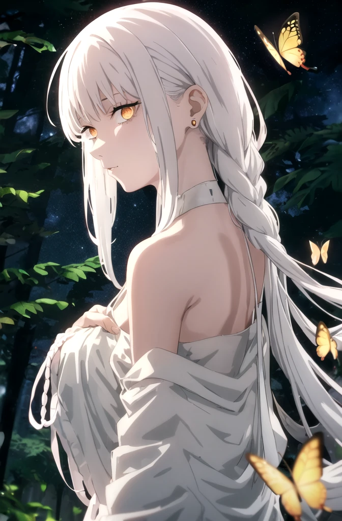 1girl, makima, (makima from Chainsaw man anime)solo, jewelry, earrings, bug, white long_hair, butterfly, hair_ornament, looking_at_viewer, parted_lips, white_hair, upper_body, butterfly_hair_ornament, bangs, bare_shoulders, red_eyes, (red dress), eyelashes, sleeveless, side view, standing, (white hair)) (ringes eyes) forest background ((night)), wearing off the shoulder attire

...Fold

Canceled by the