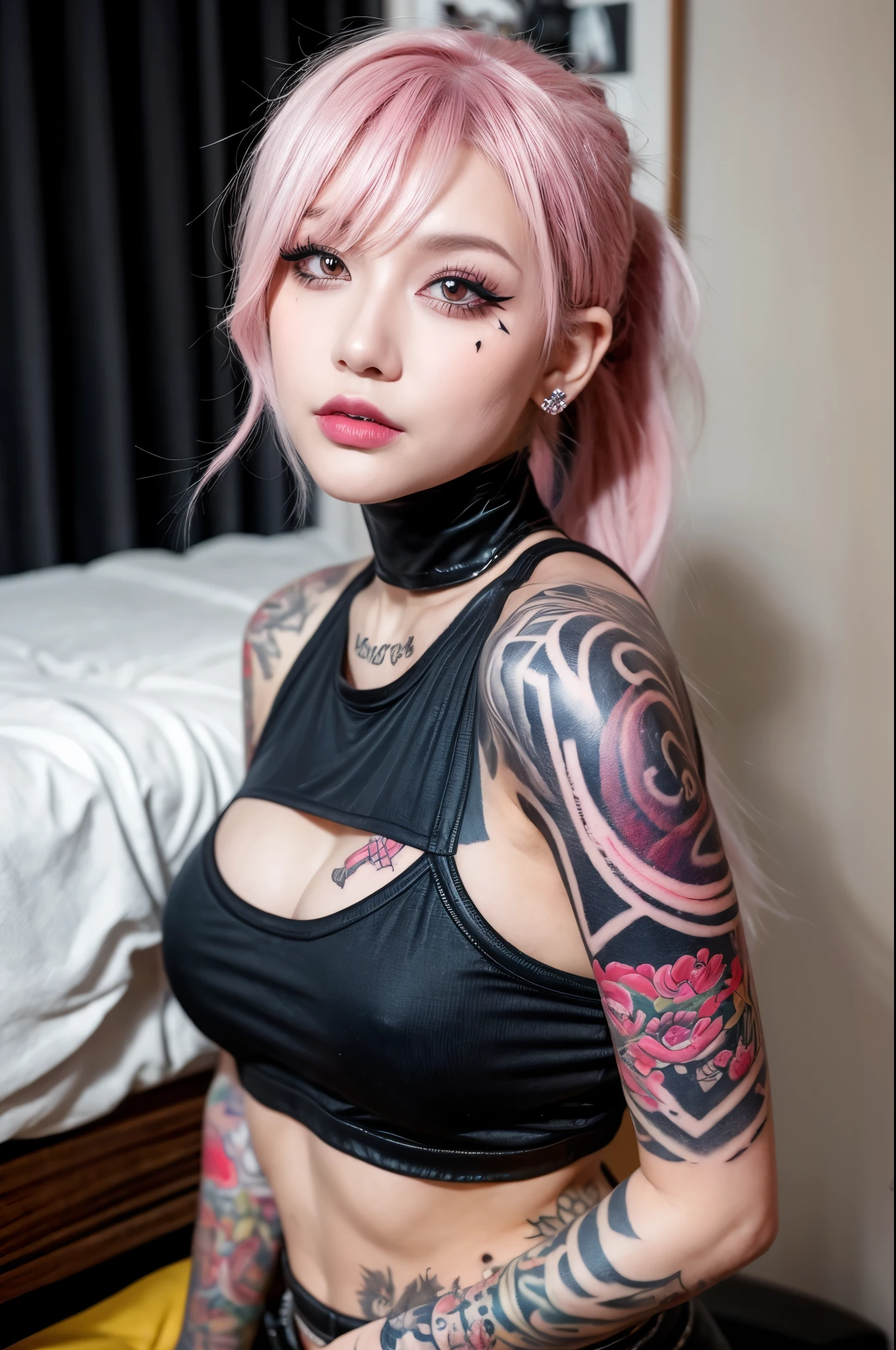 masterpiece, 1girl, beautiful, tattoos, covered in tattoos, tattoos covering body, body being covered in tattoos, arm tattoos, neck tattoos, face tattoos, tattoos on arms, tattoos on neck, punk, bedroom, crop top, off the shoulder, bedroom, mascara, eyeliner, smoky eyes, smokey eyes, evil, pink hair side ponytail with bangs