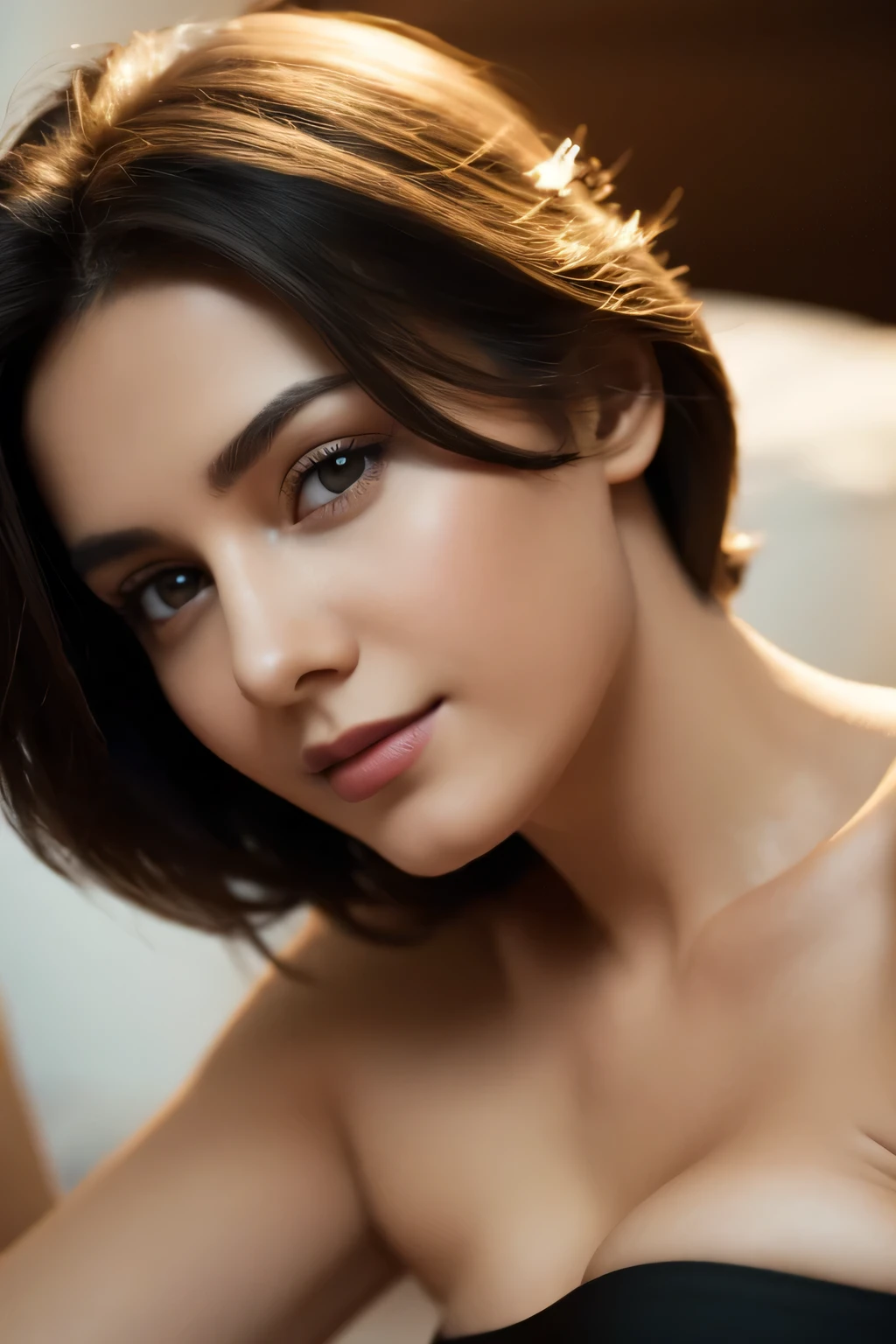 Black strapless bra, Ukrainian Beautiful Woman, masterpiece, high quality, realistic aesthetic photo ,(HDR:1.2), pore and detailed, intricate detailed, graceful and beautiful textures, RAW photo,16K, (bokeh:1.1), cinematic lighting, cool tone, focus on girl, 1girl, beautiful face, light-smile, short hair, smooth skin, juicy lips, eye_shadow, soft large breasts, ultra detailed, (Subsurface scattering:0.8), high resolution, world-class official images, impressive visual, perfect composition, bed room