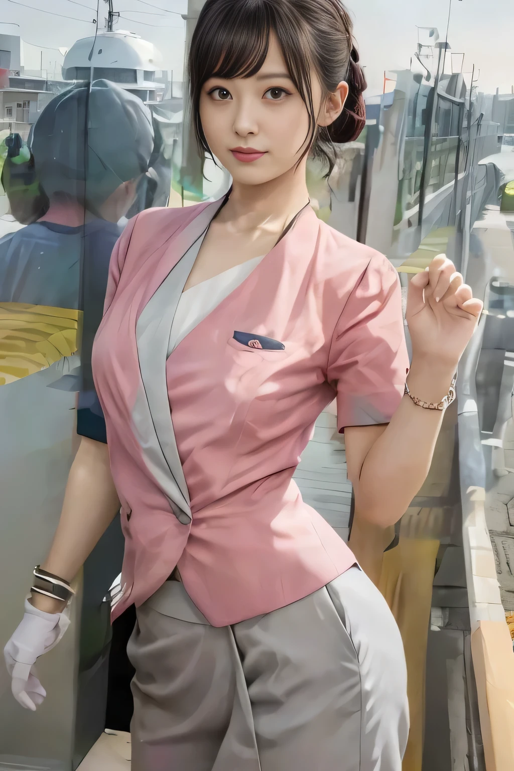 (masterpiece:1.2, Highest quality:1.2), 32k HDR, High resolution, (alone、1 girl)、 (Height: 160cm)、(On the rooftop of a building in the daytime、Professional Lighting)、Building rooftop background、(Nankai train crew uniform pinkを着たリアルスタイル)、(Nankai train crew uniform pink short sleeve collarless pink jacket、Nankai Train Crew Uniform Pink Collarless Short Sleeve Blouse、Nankai Train Crew Uniform Pink Grey Knee-length Culottes)、(The pink jacket is showing from the culottes.)、Dark brown hair、(Hair tied up、Hair tied up、Evening curly hairstyle)、Dark brown hair、Long Shot、Big Breasts、Thin legs、((Great hands:2.0)),((Harmonious body proportions:1.5)),((Normal limbs:2.0)),((Normal finger:2.0)),((Delicate eyes:2.0)),((Normal eyes:2.0)))、smile、(Nankai Train Crew Uniform Pink Grey Knee-length Culottesを見せた美しい歩く姿)、Place your hands around your stomach、Lanyard employee ID card