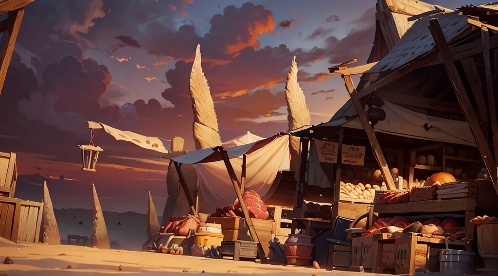 traditional market, butchery, (they sell meats on the table and display case, skull), ((market stalls, market tents)), wooden boxes, wooden basket, wire, ((giant sharp rocks)), sand ground, (dawn time, daybreak sky, dark morning), low angle, AnatomicTech,