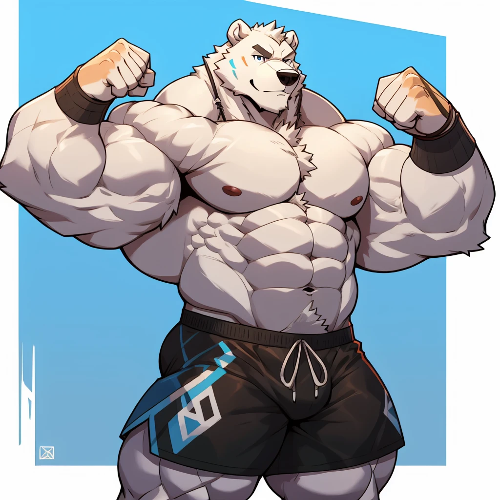 Huge muscular thick white furr arctic Polar Bear bodybuilder shirtless in blue gym shorts and wristbands flexing and posing at the mirror looking at his muscles pumped.