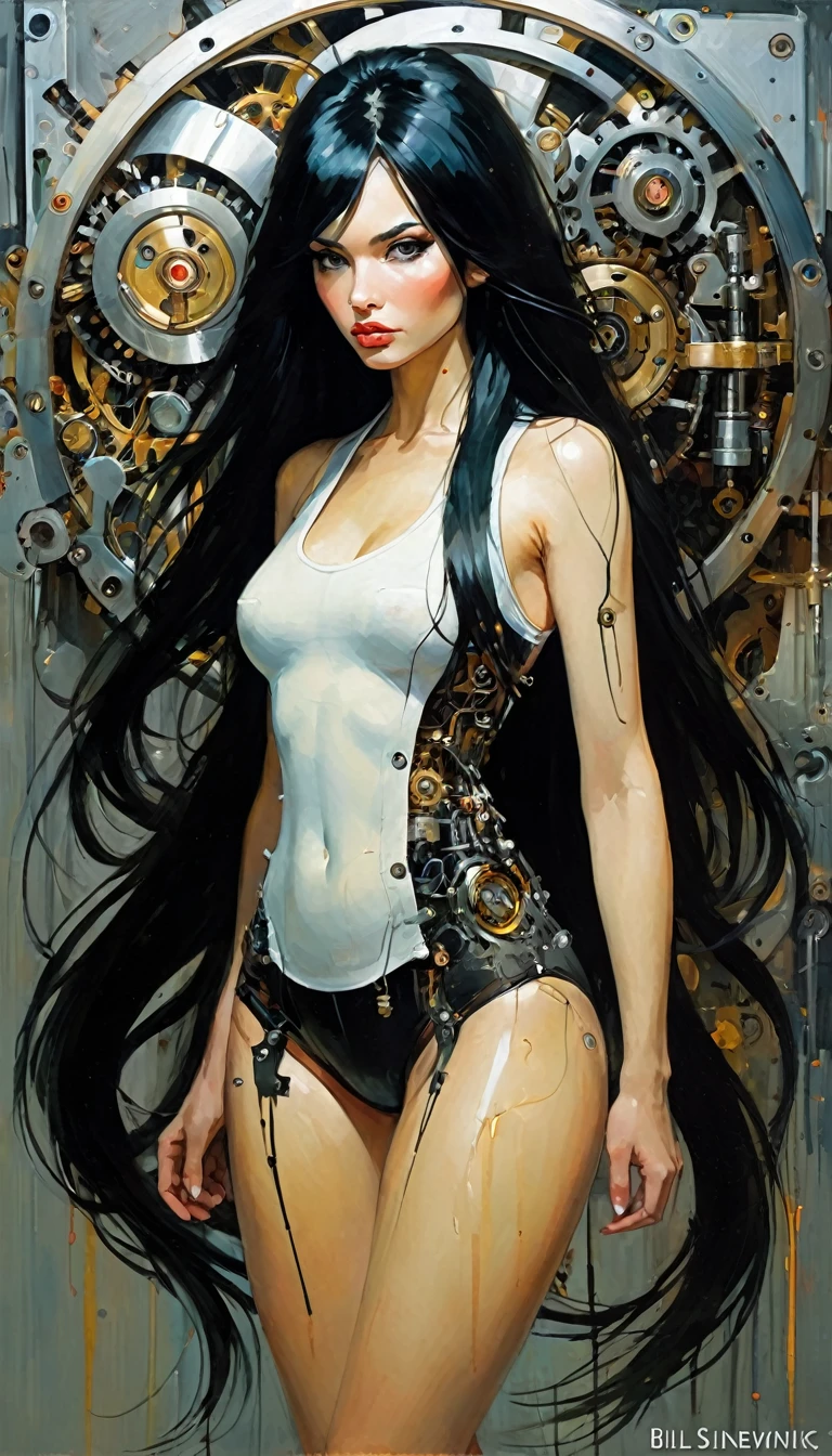 mechanical_body, mechanical_face, full_body, long hair, black hair, good anatomy, best quality, masterpiece, beautiful and cute face (art inspired by Bill Sienkiewicz). oil painting)