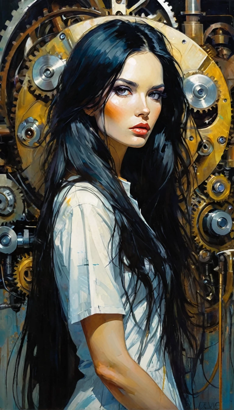 mechanical_body, mechanical_face, full_body, long hair, black hair, good anatomy, best quality, masterpiece, beautiful and cute face (art inspired by Bill Sienkiewicz). oil painting)