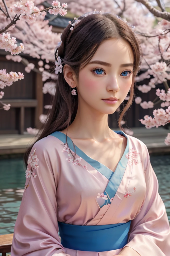 A beautiful detailed girl with striking blue eyes, long eyelashes, small nose, and delicate lips, elegant anime style character, detailed facial features, intricate hair ornaments, detailed kimono, graceful sitting pose, serene expression, floating sakura petals, intricate background, delicate cherry blossoms, atmospheric lighting, muted color palette, painterly style, high quality, 8k, photorealistic