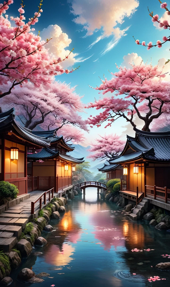 Award-winning photography,Showing extremely beautiful magical scenery,The color scheme is inspired by Japanese cherry blossoms. Soft, Wimmelbilder or floraes depicting fluffy clouds in various shades of sky, 使用哈苏 2000 年代的复古 RAW 照片等高端camera拍摄的伪装中景, Reality, Film Grain, camera, Color, Eye Spotlight, Atmospheric lighting, imperfections, Nature, Shallow depth of field, High level of detail,Create photo-like images, Focus on lighting, Realistic textures, Ultra Detailed.
