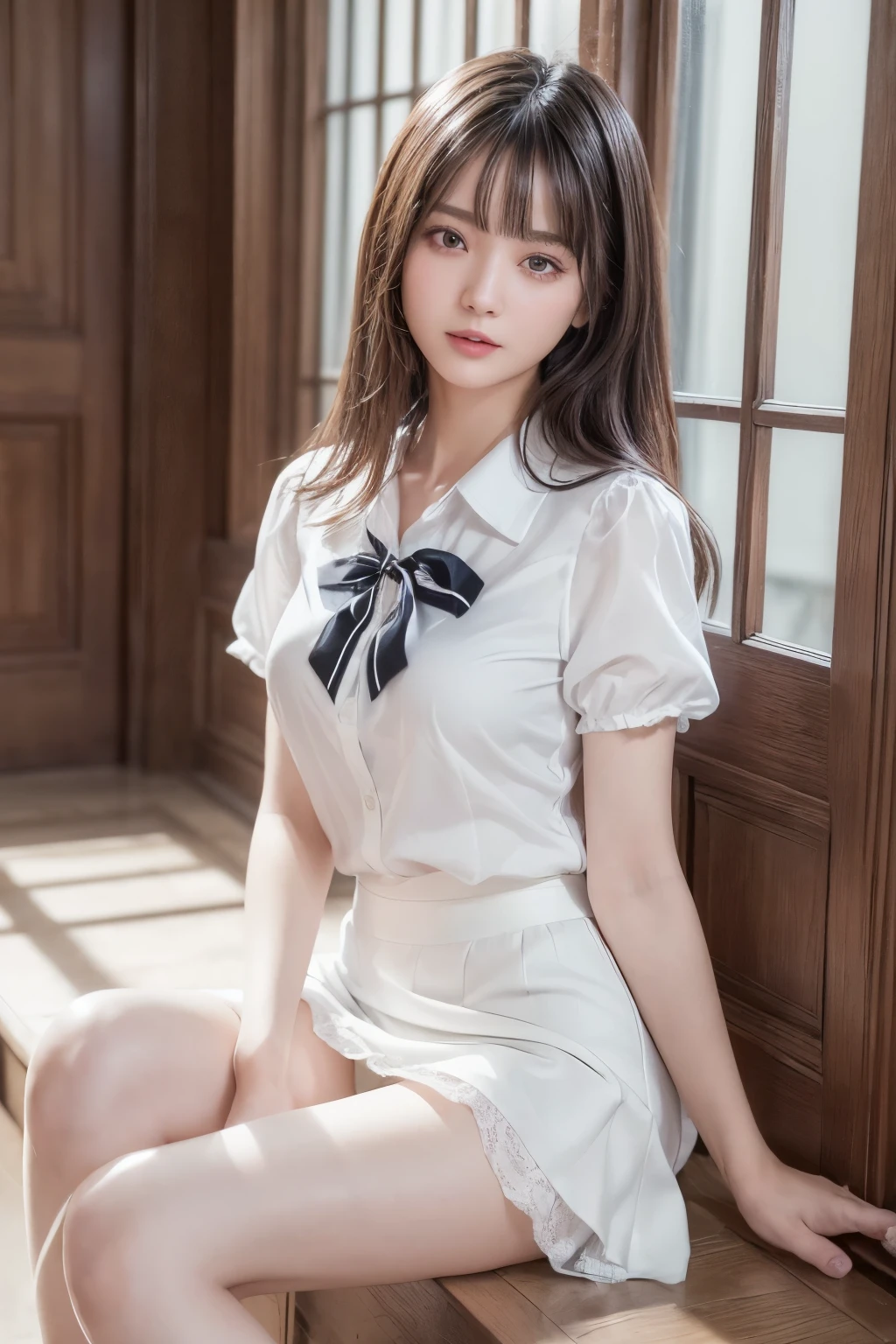 ((Best image quality、8K、masterpiece:1.3))、Realistic high-quality photos、Highest quality、Beautiful and graceful face and eyes、Uniform eyes、Black Hair、Shiny Hair、 OL、Wearing a short-sleeved blouse、Wear a long skirt、Full Body Shot. Sitting、(((White panties can be seen between her skirt and legs)))、