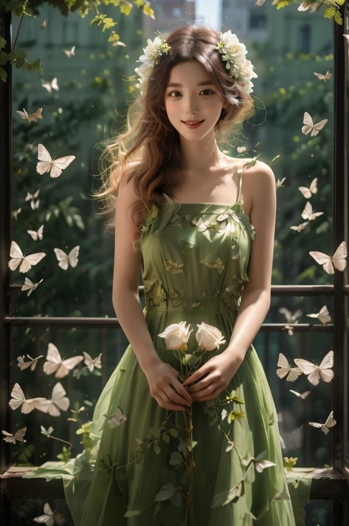 (A beautiful and sunny girl:1.2),(black hair:1.1),Wearing a white wedding dress,Happiness,Smile,Vitality,
white butterfly,(red rose vine:1.2),(fresh green plants:1.1),gentle sunshine,(masterpiece:1,2), best quality, masterpiece, highres, original, extremely detailed wallpaper, perfect lighting,(extremely detailed CG:1.2ï¼