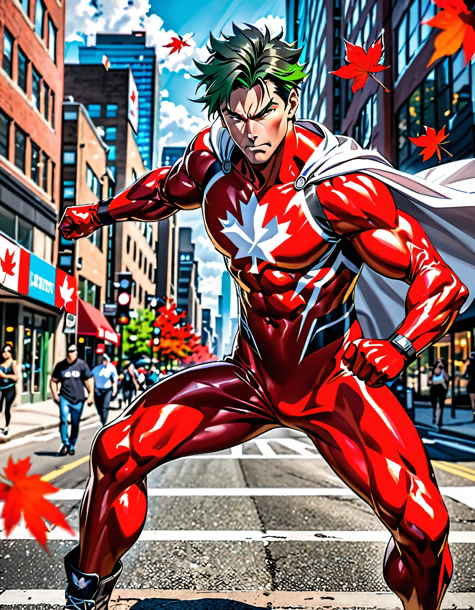(masterpiece), (best quality), (high res), solo, solo focus, best quality, masterpiece, highres, solo, solo focus, 1boy,  man, black hair, short hair, green hair, canadian, BREAK superhero, medium cape, muscular, red full bodysuit with white accents, ((red maple leaf logo on chest)) clenched fights, dynamic heroic pose, standing, BREAK montreal city street backdrop, daytime, outdoors, perfect lightning, looking at viewer