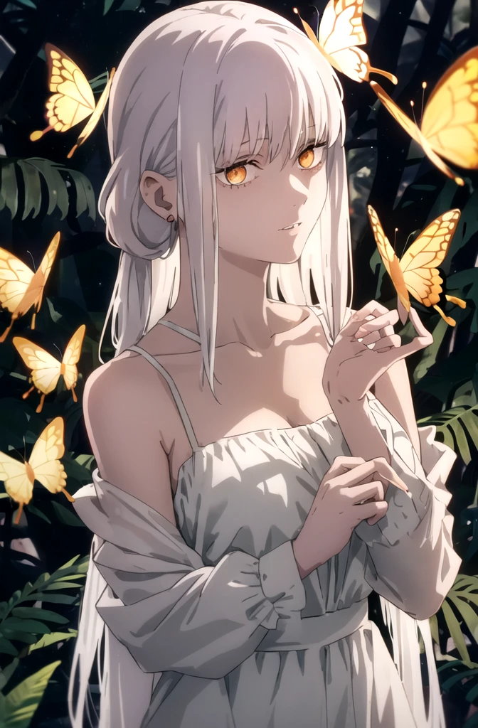 1girl, makima, (makima from Chainsaw man anime)solo, jewelry, earrings, bug, white long_hair, butterfly, hair_ornament, looking_at_viewer, parted_lips, white_hair, upper_body, butterfly_hair_ornament, bangs, bare_shoulders, red_eyes, (red dress), eyelashes, sleeveless, side view, standing, (white hair)) (ringes eyes) forest background ((night)), wearing off the shoulder attire