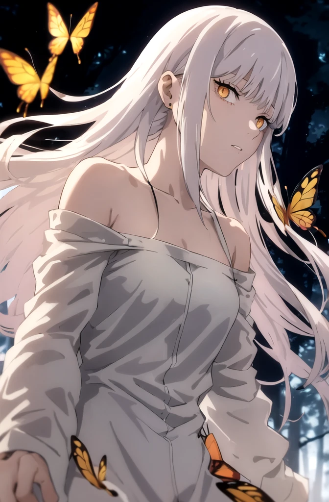 1girl, makima, (makima from Chainsaw man anime)solo, jewelry, earrings, bug, white long_hair, butterfly, hair_ornament, looking_at_viewer, parted_lips, white_hair, upper_body, butterfly_hair_ornament, bangs, bare_shoulders, red_eyes, (red dress), eyelashes, sleeveless, side view, standing, (white hair)) (ringes eyes) forest background ((night)), wearing off the shoulder attire