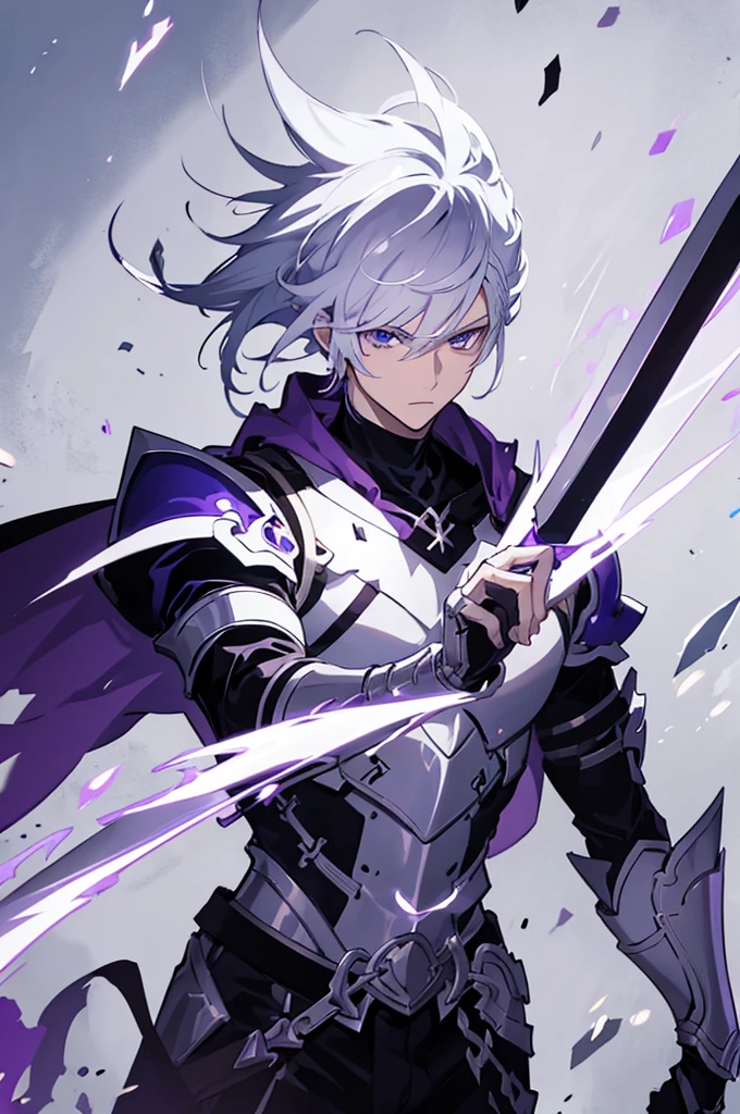 A 25 years old anime man with white hair, holding two Daggers, Wearing a dark and purple Armor