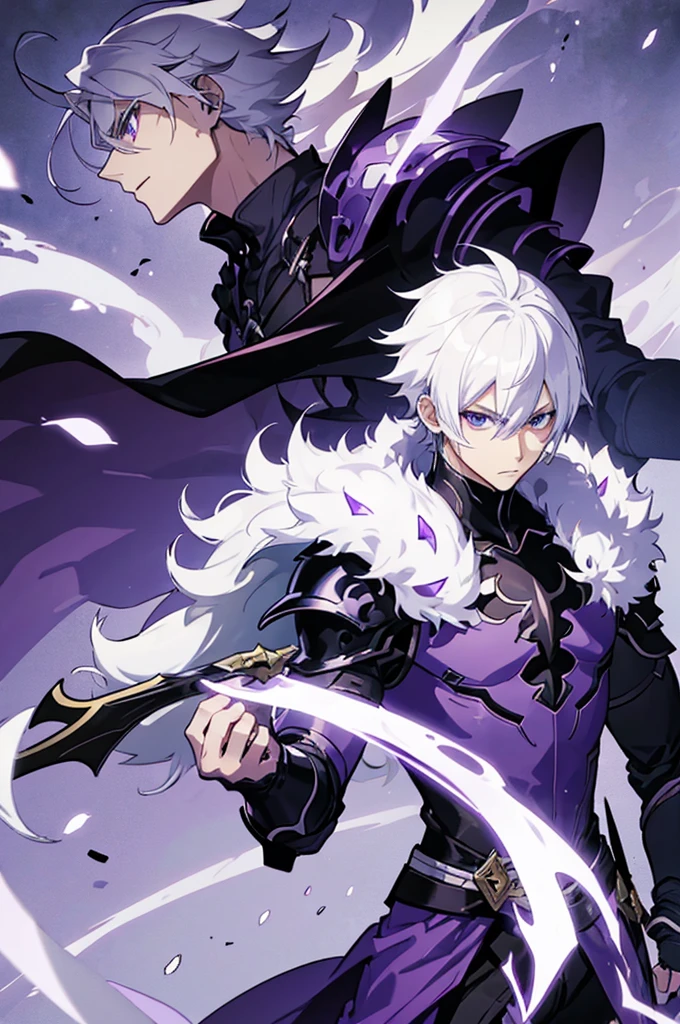 A 25 years old anime man with white hair, holding two Daggers, Wearing a dark and purple Armor 