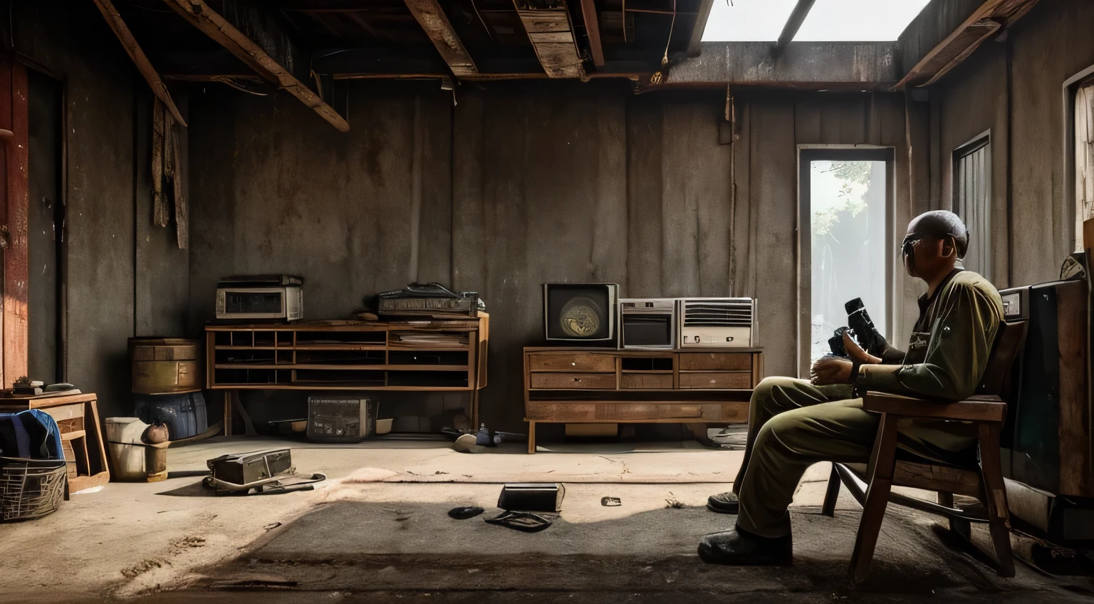 fallout, indonesia theme, post-apocalyptic, jakarta, nation, identic, vernacular, authentic, realistic, indonesia, fallout 4 style, fallout amazon prime tv series, authentic, dystopian, city urban, interior, old, vintage, a man sitting listening to radio, detailed, back facing
