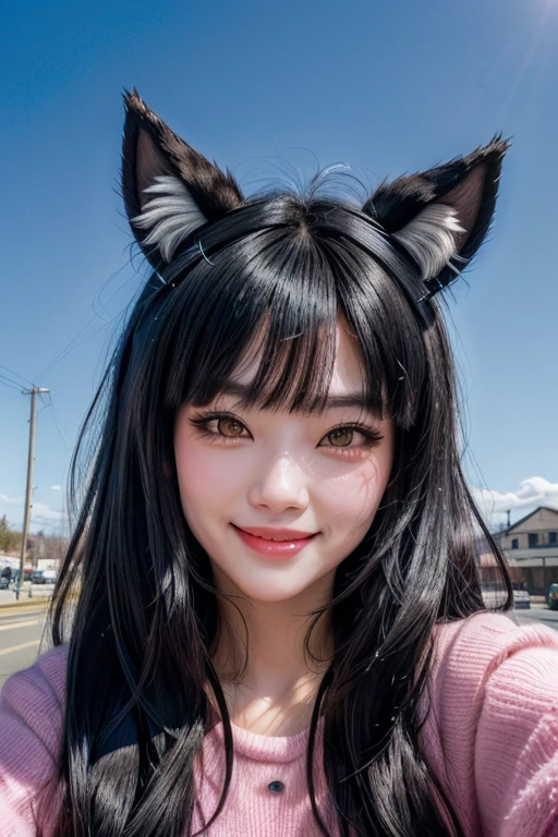 black hair, hair bobbles, wince, longeyelashes, solid circle eyes, fake animal ears, light smile, ear blush, fang, ccurate, Surrealism, drop shadow, anaglyph, stereogram, tachi-e, pov, atmospheric perspective, from below, Hyperrealism, 8k, super detail, best quality