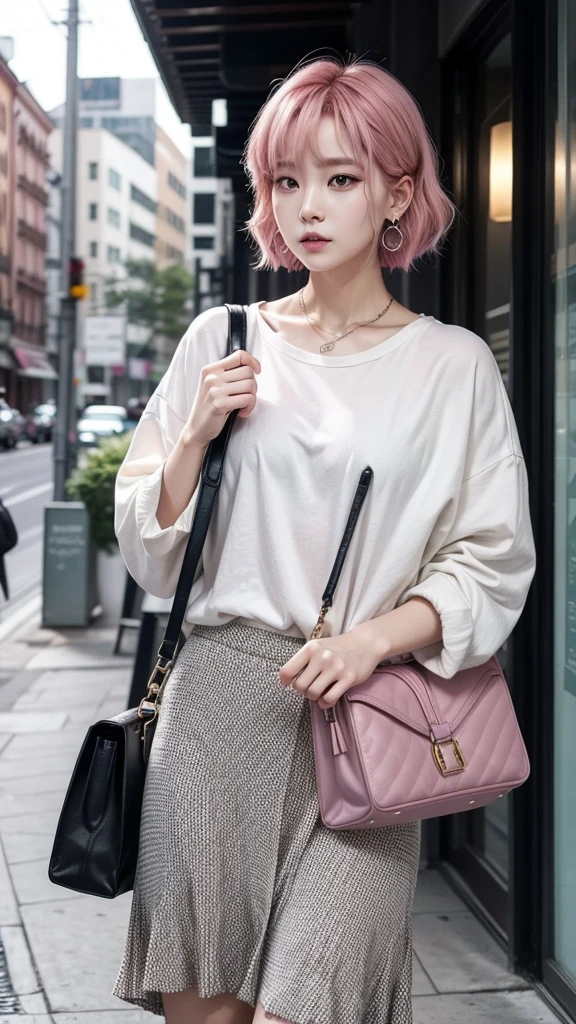 BTS's Park Ji-Min is wearing a short skirt, that highlights your slender legs, paired with a cropped top that subtly reveals your toned tummy. over, he wears a modern, fitted jacket, which adds a touch of urban style to the look. on the feet, Ji-Min wears combat boots with heels, that not only complements your look, but it also adds a dose of attitude.
Her pink hair is done in a casual and stylish way., perfectly complementing the set. Ji-Min is also wearing earrings that add a touch of subtle shine to her face.. To complete the look, he carries a small bag, practical and elegant, that matches the rest of the modern, urban style he's wearing.
Create a design I want it in shipping from a designer store written My fashionJeon.
Just remembering that Ji-Min is a man