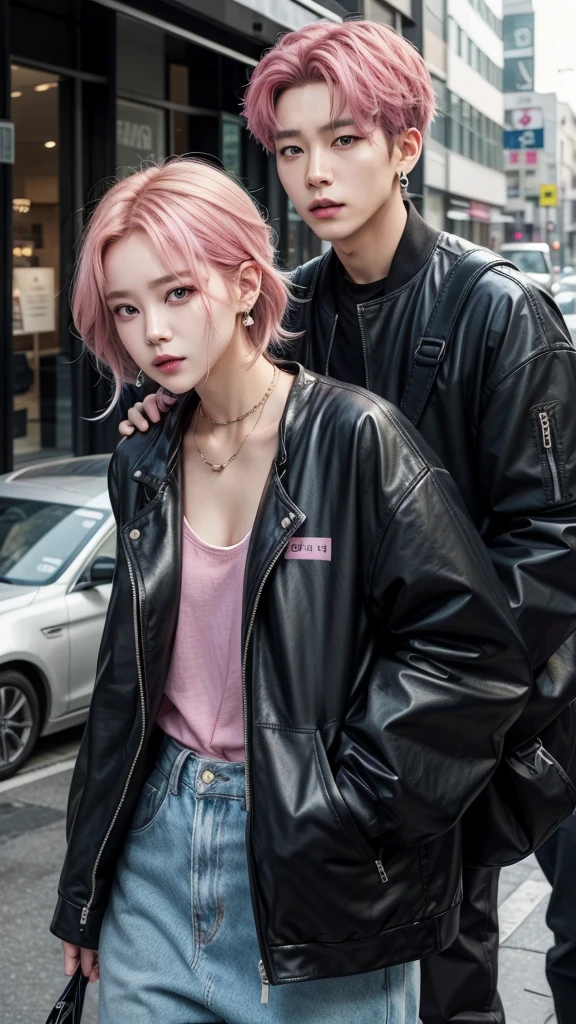 BTS's Park Ji-Min is wearing a short skirt, that highlights your slender legs, paired with a cropped top that subtly reveals your toned tummy. over, he wears a modern, fitted jacket, which adds a touch of urban style to the look. on the feet, Ji-Min wears combat boots with heels, that not only complements your look, but it also adds a dose of attitude.
Her pink hair is done in a casual and stylish way., perfectly complementing the set. Ji-Min is also wearing earrings that add a touch of subtle shine to her face.. To complete the look, he carries a small bag, practical and elegant, that matches the rest of the modern, urban style he's wearing.
Create a design I want it in shipping from a designer store written My fashionJeon.
Just remembering that Ji-Min is a man