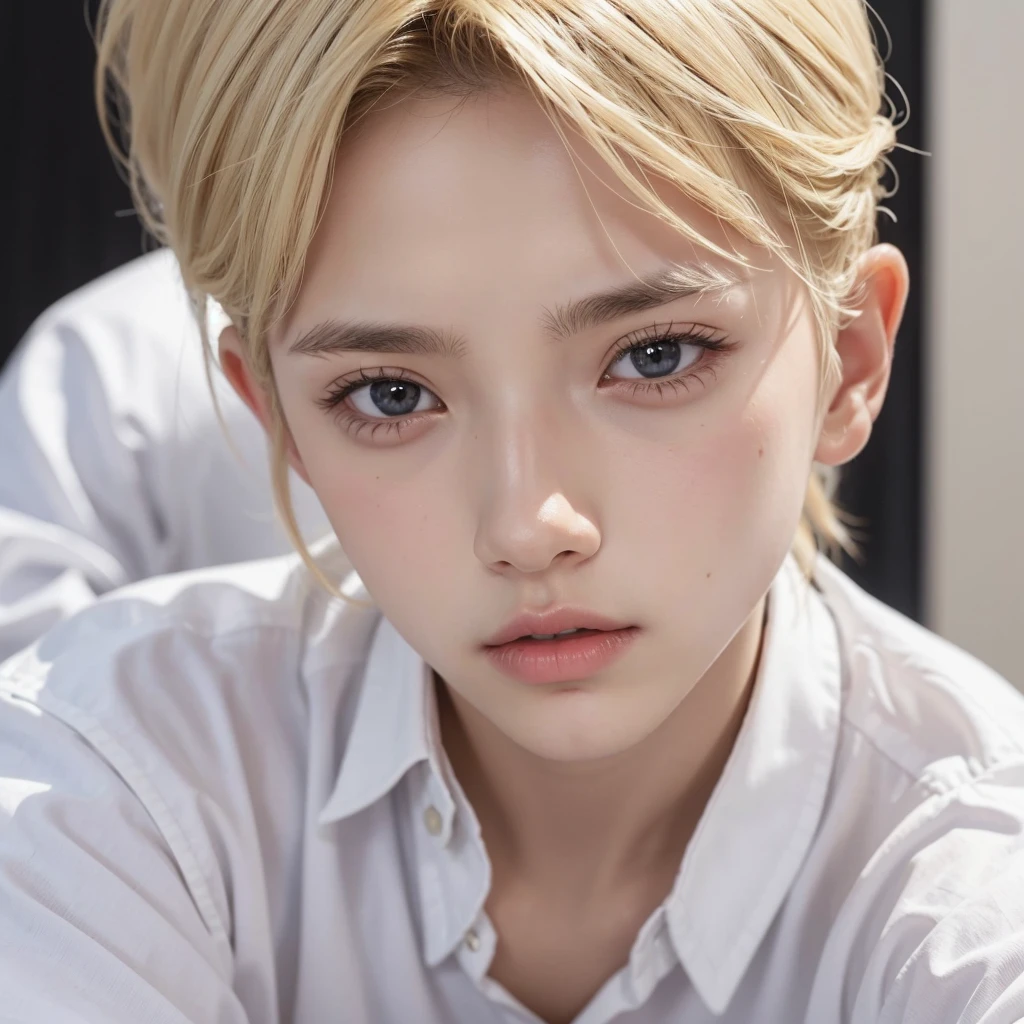 Blond boy in white shirt, his lips look like eyes and he has black eyes