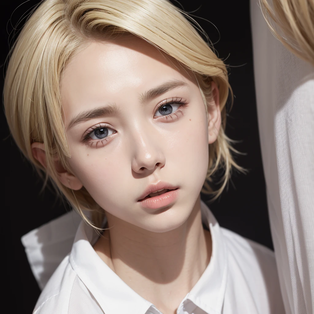 Blond boy in white shirt, his lips look like eyes and he has black eyes