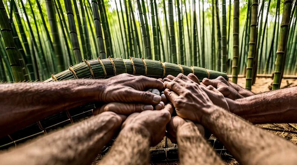 close-up image of human arms and hands holding faction - faction - each five human hands individually holding - five factions cut the bamboo grove inside the forest - violently