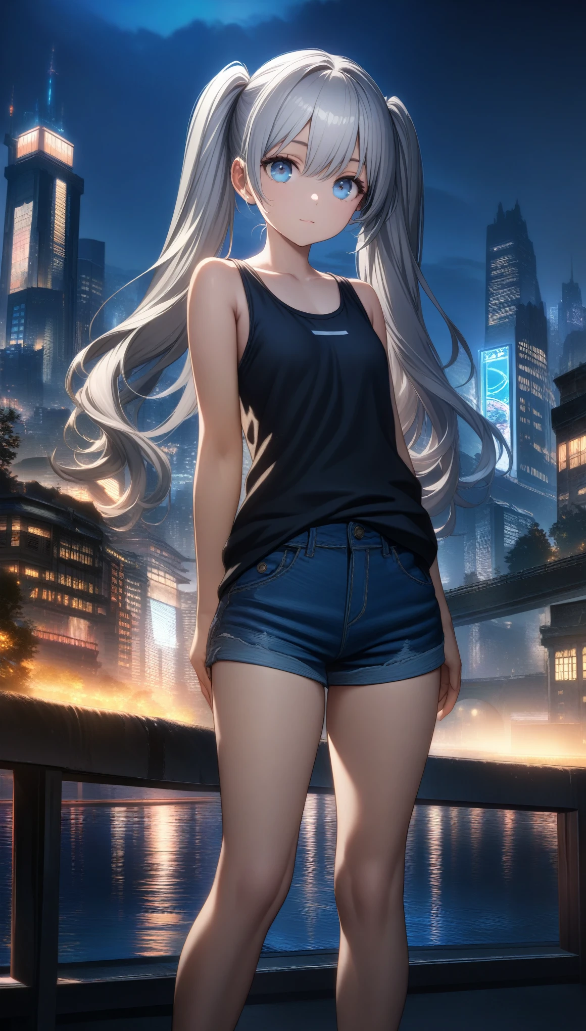 32k, best quality, ultra high res, HDR, UHD, extremely detailed CG, unity 32k wallpaper, from the front side, Beautiful city background, Night, cute kid, Beautiful blue eyes, Ideal ratio body proportions, Tank top, Jeans shorts, Silver hair, Long hair,Twin-tailed,