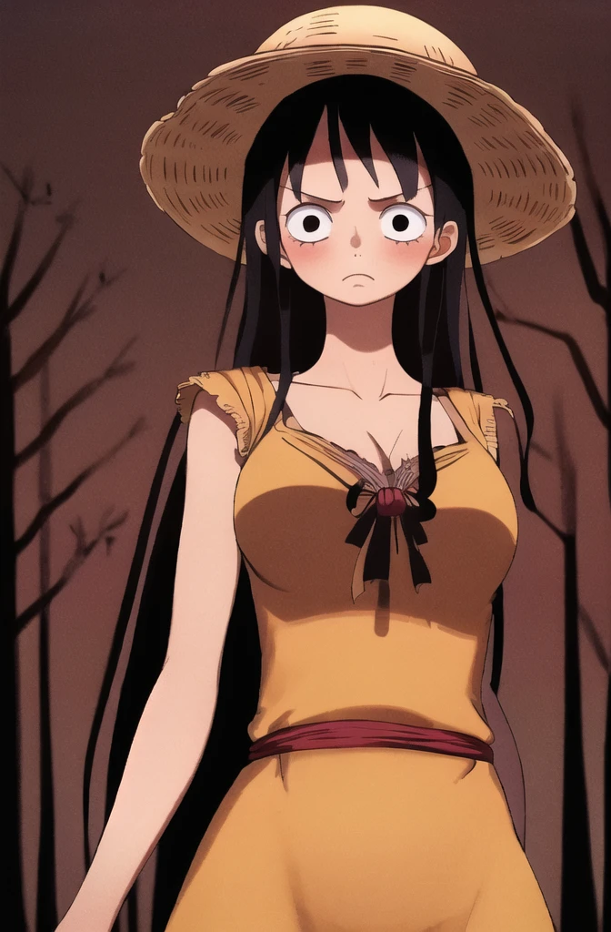 masterpiece, best quality), intricate details, 1 girl, woman, (long black hair), straw hat, luffy, luffy\(one piece\), scar on face, (long hair) wearing beautiful dress ((solo)) (black eyes) (detailed eyes)) (female focus) (looking towards viewer) ((standing infront of a forest)) ((long hair)) (blushing) ((ver shy)) (strawhat) ((shot from front)) ((shy pose)) ((very good lighting)) ((red colour hair)) ((she is mature)) ((high detailed)) ((upper body) ((night)) ((upper body))
