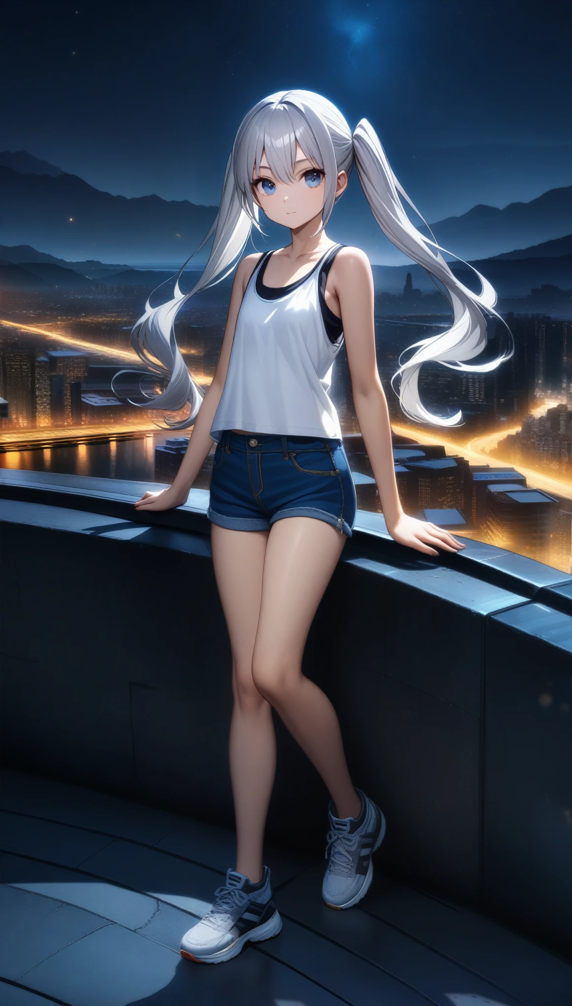 32k, best quality, ultra high res, HDR, UHD, extremely detailed CG, unity 32k wallpaper, from the front side, Beautiful city background, Night, cute kid, Beautiful blue eyes, Ideal ratio body proportions, Tank top, Jeans shorts, Silver hair, Long hair,Twin-tailed,