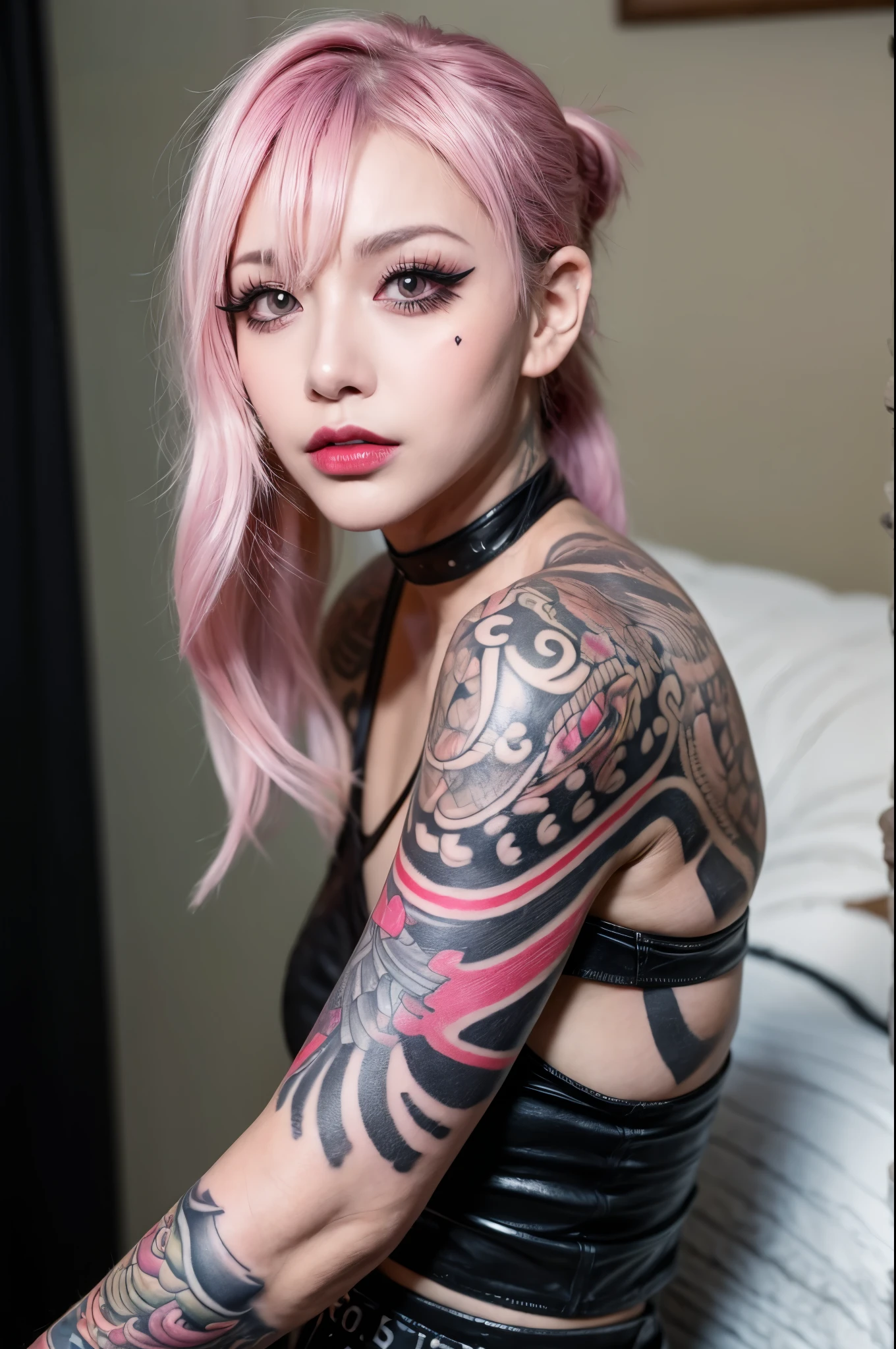 masterpiece, 1girl, beautiful, tattoos, covered in tattoos, tattoos covering body, body being covered in tattoos, arm tattoos, neck tattoos, face tattoos, tattoos on arms, tattoos on neck, punk, bedroom, crop top, off the shoulder, bedroom, mascara, eyeliner, smoky eyes, smokey eyes, evil, pink hair side ponytail with bangs