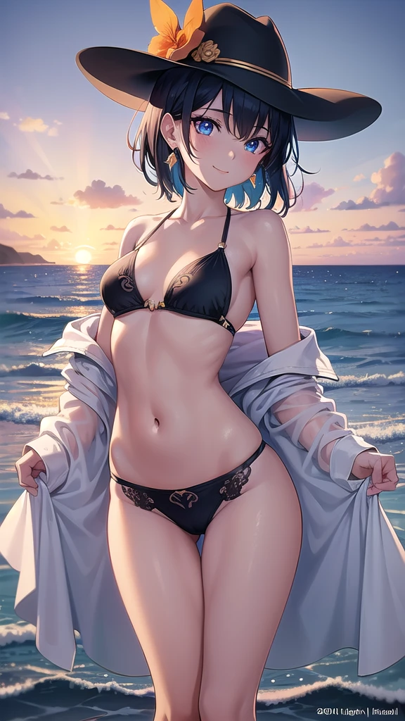 Masterpiece, top quality, best quality, official art, beautiful and aesthetic, anime, 1girl,extremely detailed, colorful, more detailed ((ultra-detailed)), (highly detailed CG illustration),Best Quality, High resolution, Unity 8k Wallpaper, (Illustration:0.8), (Beautiful detailed eyes:1.6), extra detailed face, Perfect Lighting, extremely details CG, (Perfect hands, Perfect Anatomy), seaside,sea,beach,evening, orangesky,clouds, black short hair,hat,smile, blue eyes,earrings,skinny fit,small breasts,wet, luxury bikini, back view, bend over,in middle, soft light.