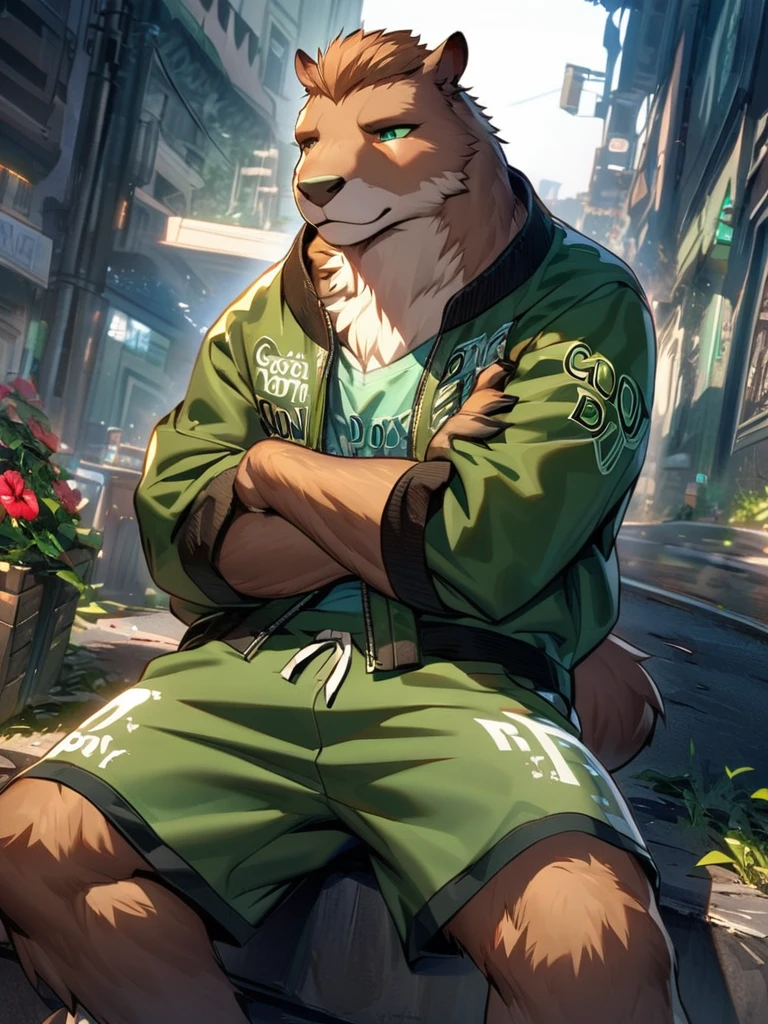 Ultra detailed, HDR, Solo male, furry, anthropomorphic capybara, brown fur, green eyes, green shirt with the word Good Boy written on it, green bomber jacket, flowery surfer shorts, half-closed eyes, grinning