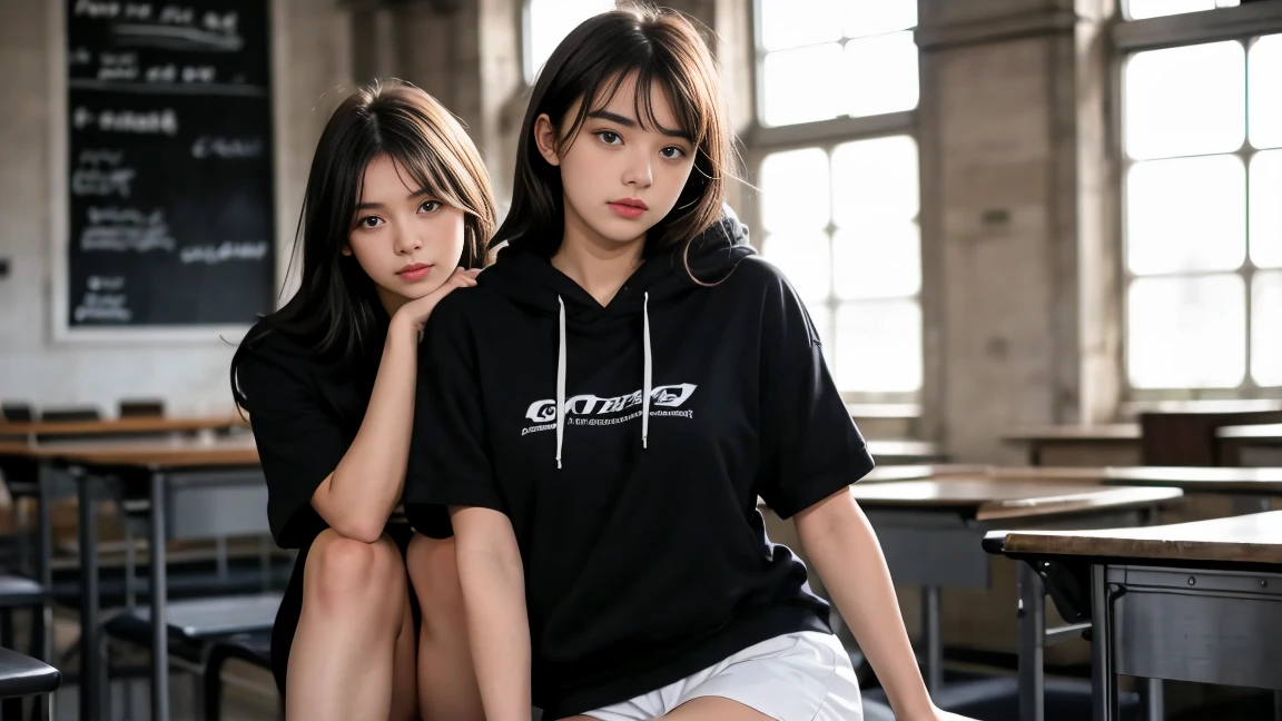 deux femmes ensemble de 18 ans sexy et mince , black short sleeve hoodie , salle de classe, se touche,position sey,sensuel