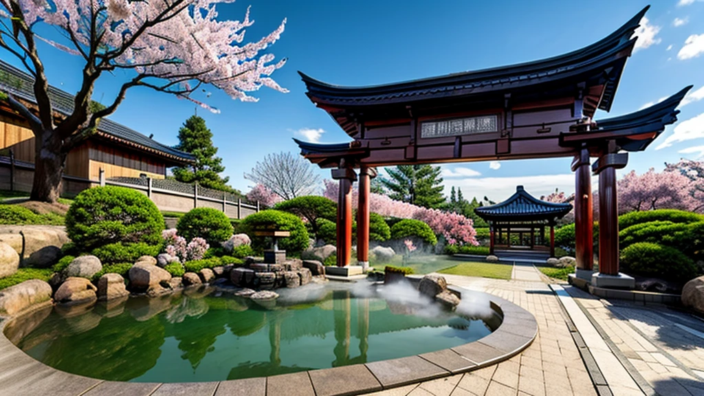 There is an open-air bath behind the shrine. Lots of steam, torii gate, cherry blossom tree, background only