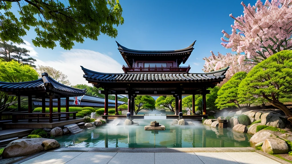 There is an open-air bath behind the shrine. Lots of steam, torii gate, cherry blossom tree, background only