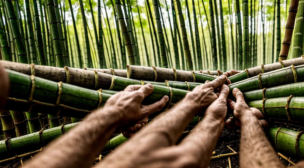 close-up image of human arms and hands holding faction - faction - each five human hands individually holding - five factions cut the bamboo grove inside the forest - violently