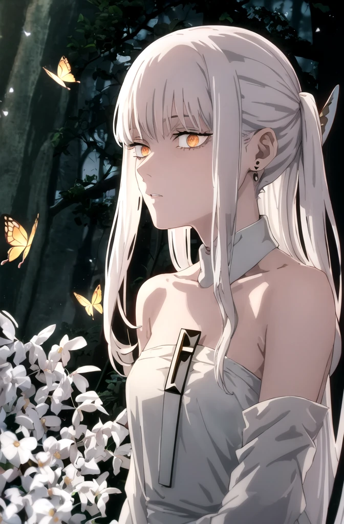 1girl, makima, (makima from Chainsaw man anime)solo, jewelry, earrings, bug, white long_hair, butterfly, hair_ornament, looking_at_viewer, parted_lips, white_hair, upper_body, butterfly_hair_ornament, bangs, bare_shoulders, red_eyes, (red dress), eyelashes, sleeveless, side view, standing, (white hair)) (ringes eyes) forest background ((night)), wearing off the shoulder attire, ((cross arms) ((detailed eyes))