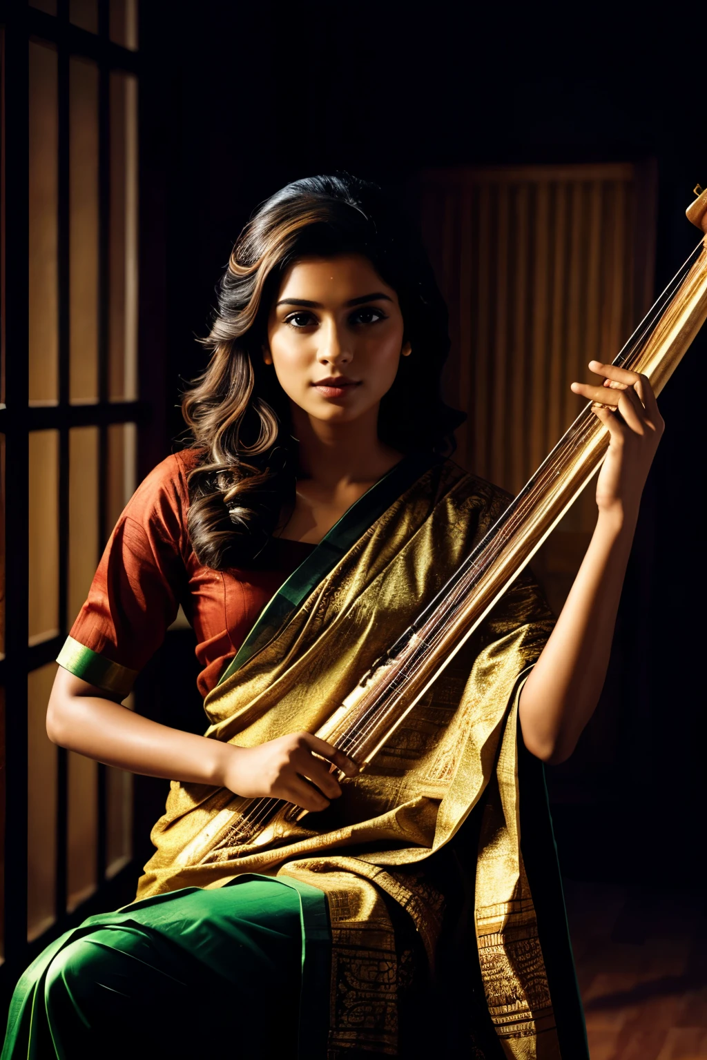 There is a bangladeshi light brown woman wearing sari playing a veena, Promotional Art, fanart, martin ansin artwork portrait, promotional image, hq artwork, art promotional, fanart, album art, official artwork, key art, promotional artwork, Siswave