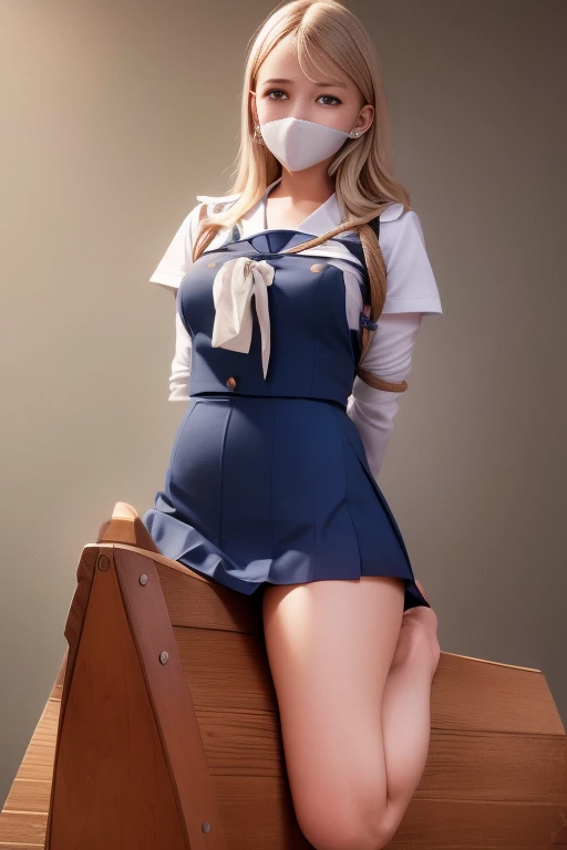 (Highly detailed CG Unity 8k), (Highest quality),(Very detailed),(Ultra-high resolution), 1 female, white cloth gag, uniform, Sailor suit, Rope Bondage, breasts Rope Bondage, hands back Rope Bondage, leg Rope Bondage, thigh Rope Bondage, bust Rope Bondage, feet Rope Bondage, Put your arms behind your hips, Wrists tied, Tie your ankles, Gagged with a white cloth, Dark blue skirt, (Riding a wooden horse:1.4), Foot weights, Crying face,