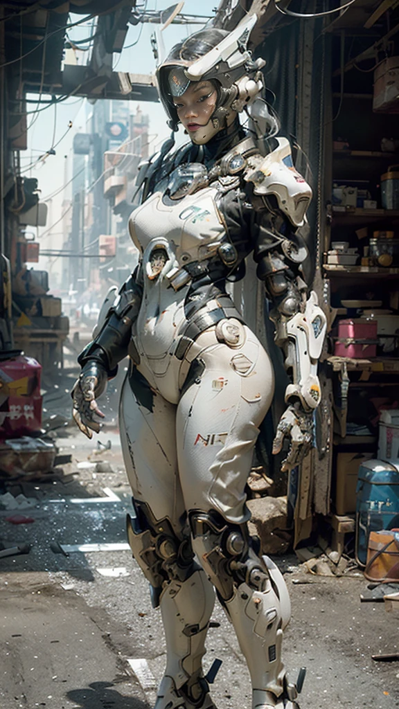 ((best quality)), ((masterpiece)), ((realistic)), (detailed), (photorealistic:1.5), a futuristic girl, (thick body), (white bodysuit), lights on armor, cybernetic headwear, looking at viewer, dynamic pose, post apocalyptic, destroyed city background, buildings on fire, science fiction, hdr, ray tracing, nvidia rtx, super-resolution, unreal 5, subsurface scattering, pbr texturing, post-processing, anisotropic filtering, depth of field, maximum clarity and sharpness, rule of thirds, 8k raw, (luminescent particles:1.4), (extremely detailed cg, unity 8k wallpaper, 3d, cinematic lighting, lens flare), reflections, sharp focus, cyberpunk art, cyberpunk architecture,