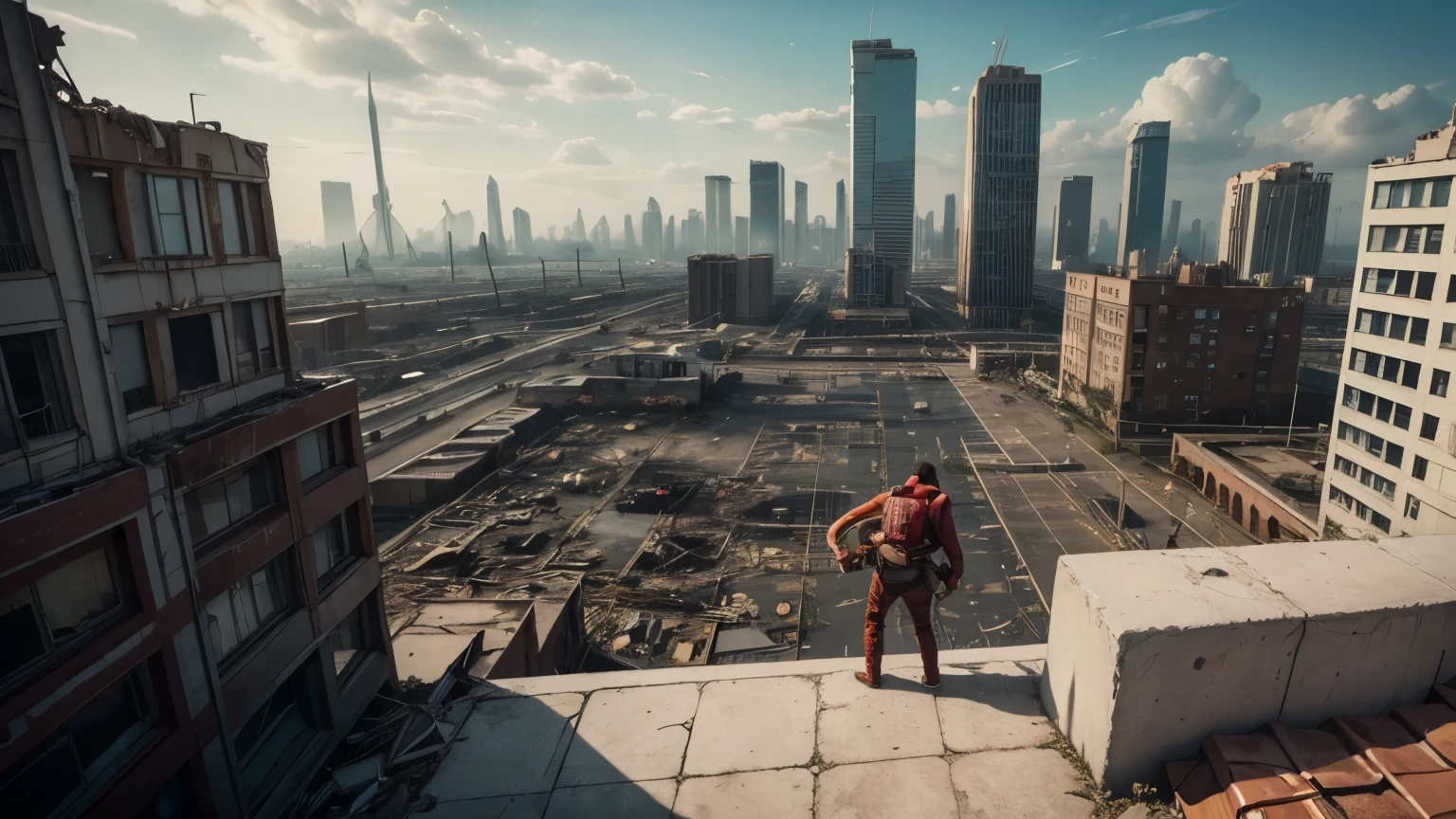 make an image with a man on top of a building looking at the horizon, his destroyed city as if it had been bathed in ketchup. And in the distance 3 giant creatures with 3 legs each, picking up things and people on the ground with its tentacles.