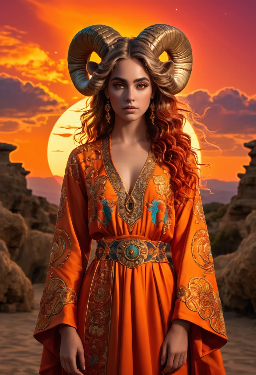 (absurderes, high resolution, ultra detaild), 1 girl, Zodiac sign - Goddess of Aries , standing alone, mellow, Baroque, long robe, longsleeve, chic, colorfully, More Detailed, trunk , sunset hair . fiery eyes . Coraggioso, intentional, productive, Enterprising Humanitarian Face .