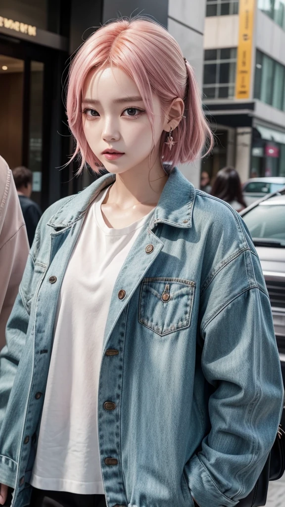 BTS's Park Ji-Min is wearing a short skirt, that highlights your slender legs, paired with a cropped top that subtly reveals your toned tummy. over, he wears a modern, fitted jacket, which adds a touch of urban style to the look. on the feet, Ji-Min wears combat boots with heels, that not only complements your look, but it also adds a dose of attitude.
Her pink hair is done in a casual and stylish way., perfectly complementing the set. Ji-Min is also wearing earrings that add a touch of subtle shine to her face.. To complete the look, he carries a small bag, practical and elegant, that matches the rest of the modern, urban style he's wearing.
Create an anime-like drawing I want it in shipping from a designer store written My fashionJeon.
Just remembering that Ji-Min is a man