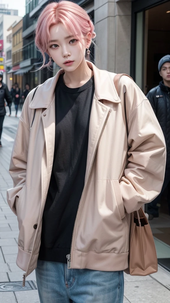 BTS's Park Ji-Min is wearing a short skirt, that highlights your slender legs, paired with a cropped top that subtly reveals your toned tummy. over, he wears a modern, fitted jacket, which adds a touch of urban style to the look. on the feet, Ji-Min wears combat boots with heels, that not only complements your look, but it also adds a dose of attitude.
Her pink hair is done in a casual and stylish way., perfectly complementing the set. Ji-Min is also wearing earrings that add a touch of subtle shine to her face.. To complete the look, he carries a small bag, practical and elegant, that matches the rest of the modern, urban style he's wearing.
Create an anime-like drawing I want it in shipping from a designer store written My fashionJeon.
Just remembering that Ji-Min is a man